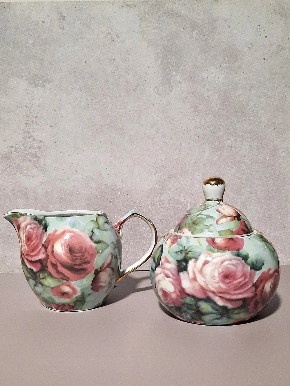 Floral Roses Sugar Bowl & Creamer Set in Green & Pink by A Special PLace